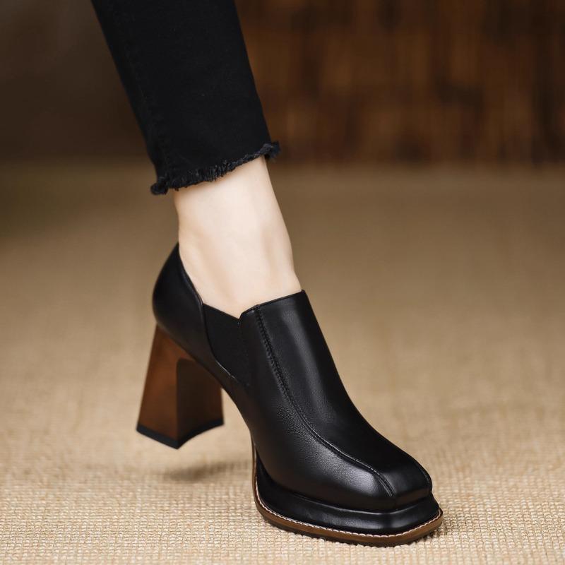 

Block Heel Single Shoes Autumn New Square Toe Platform Slip-on Non-slip Wear-resistant High Heels 39