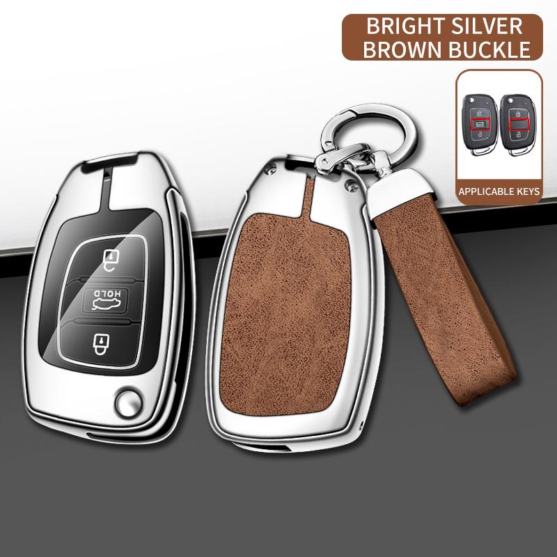 Metal Leather Car Key Case For Hyundai Solaris 2 Elantra I30 I35 I40 Tucson Kona     Key Chain Accessories
