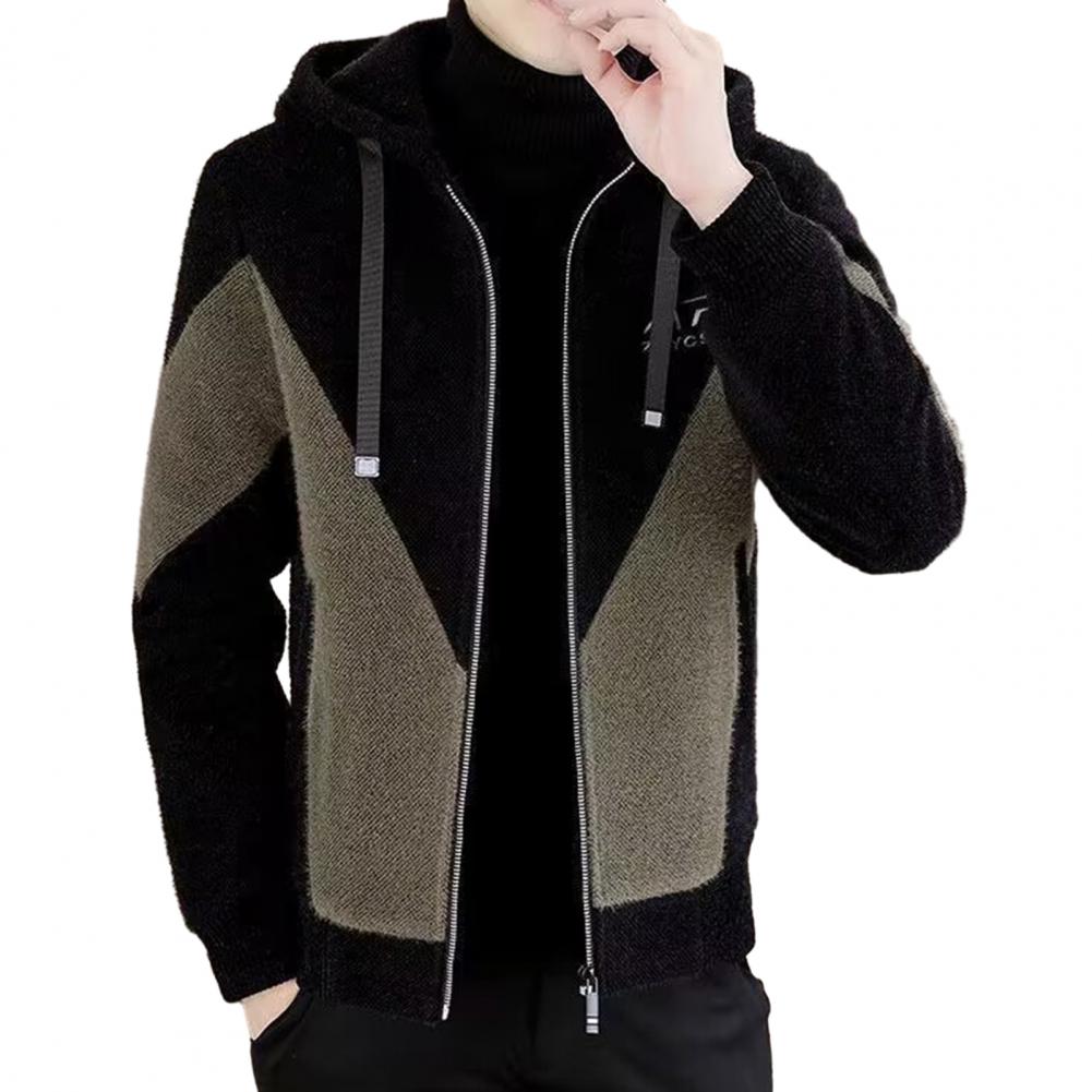Men Outdoor Windproof Jacket Men's Hooded Drawstring Jacket with Color Matching Thick Soft Winter Coat for Plus Size Long Sleeve