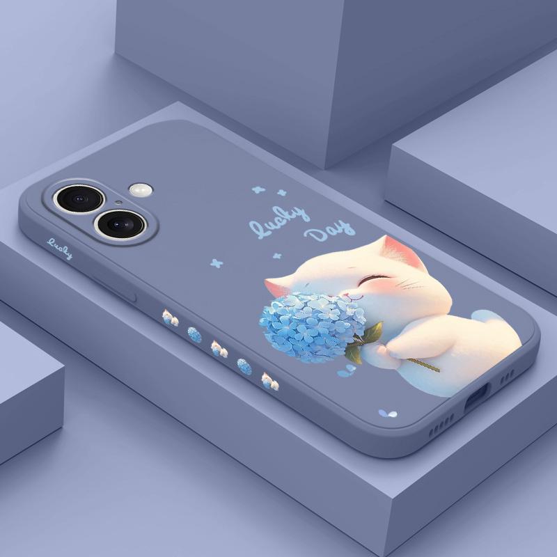 Blue Silk Cat Phone Case For iPhone 16 16e 15 14 13 12 11 X XR XS Plus Pro Max Mini Silicone Cover