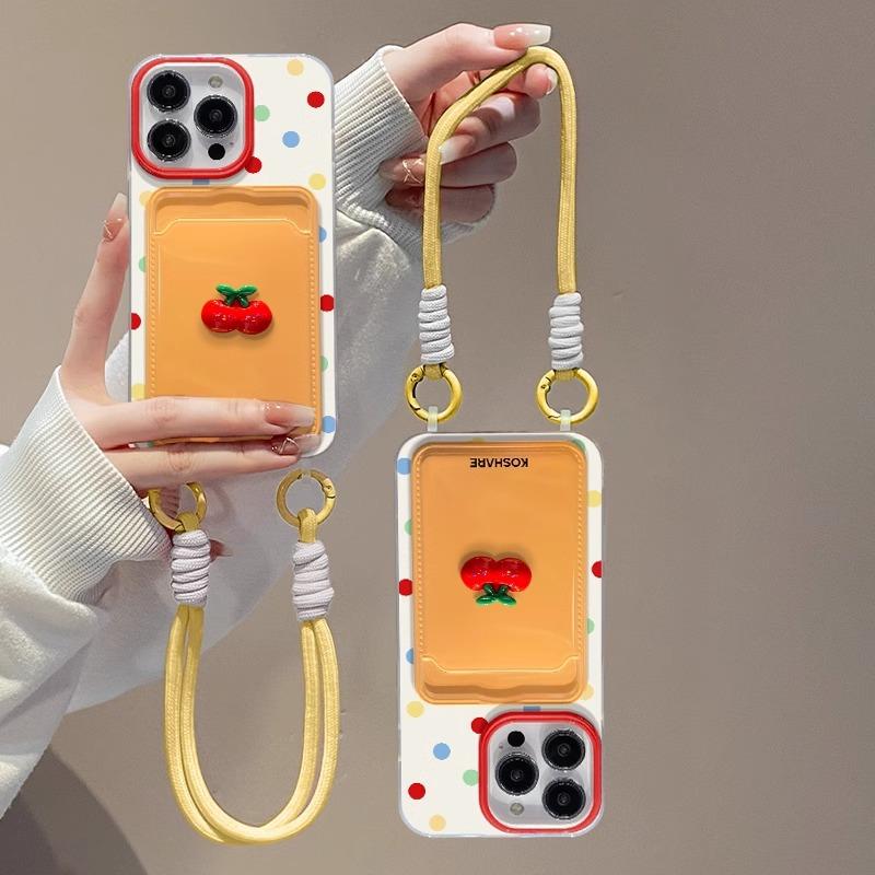 Three-dimensional Cherry Dolls Suitable for Apple 16PRO Mobile Phone Case IPhone 15 Card Bag Lanyard 14/13 Transparent Silicone