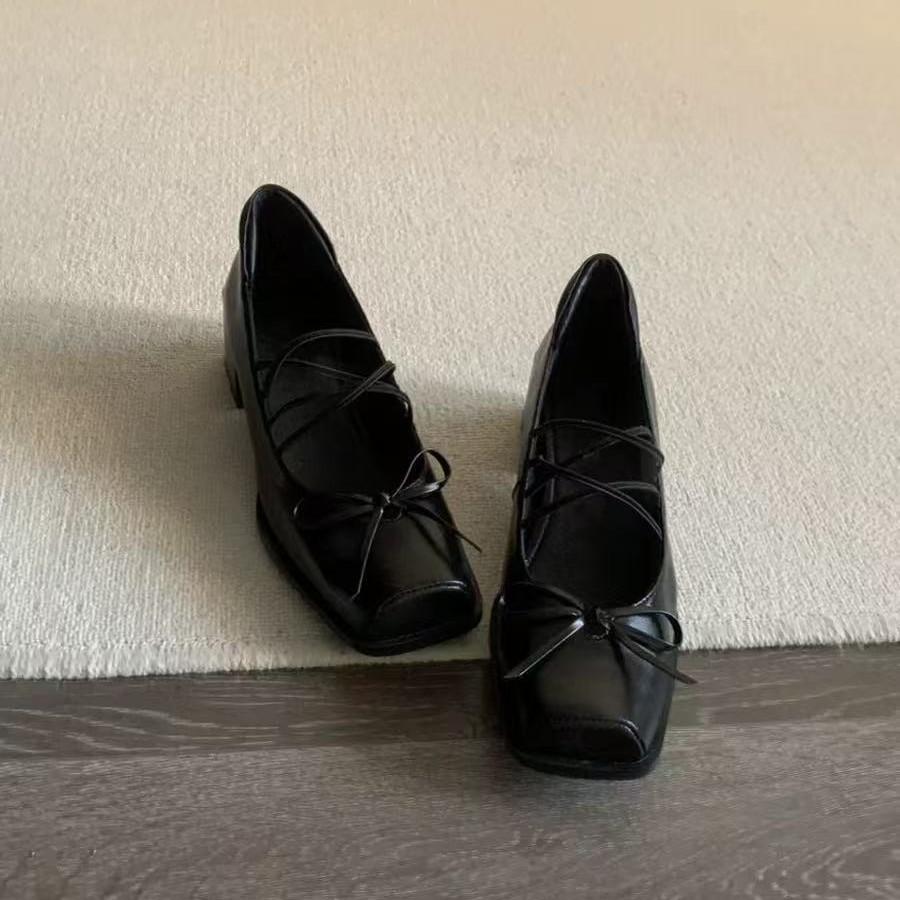 Sheepskin version~ 2025 spring and autumn new single shoes women's thick heel pig nose leather bow thick heel ballet shoes women