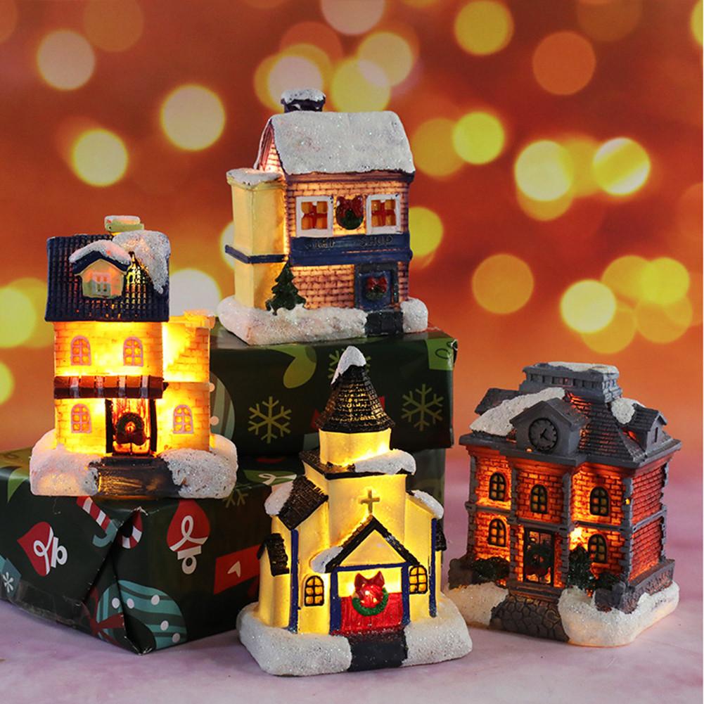 Mini Christmas Village Houses LED Lighted Resin Cottage Figure Christmas Decorations Seasonal Electric Figures For Fireplace