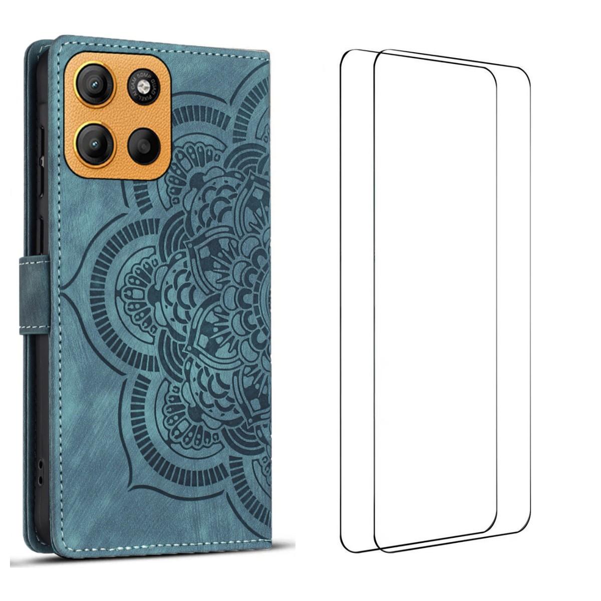 

For Motorola Moto G15 4G Case with 2Pcs Tempered Glass WANLONFENG MTL Series Mandala Leather Phone Cover D