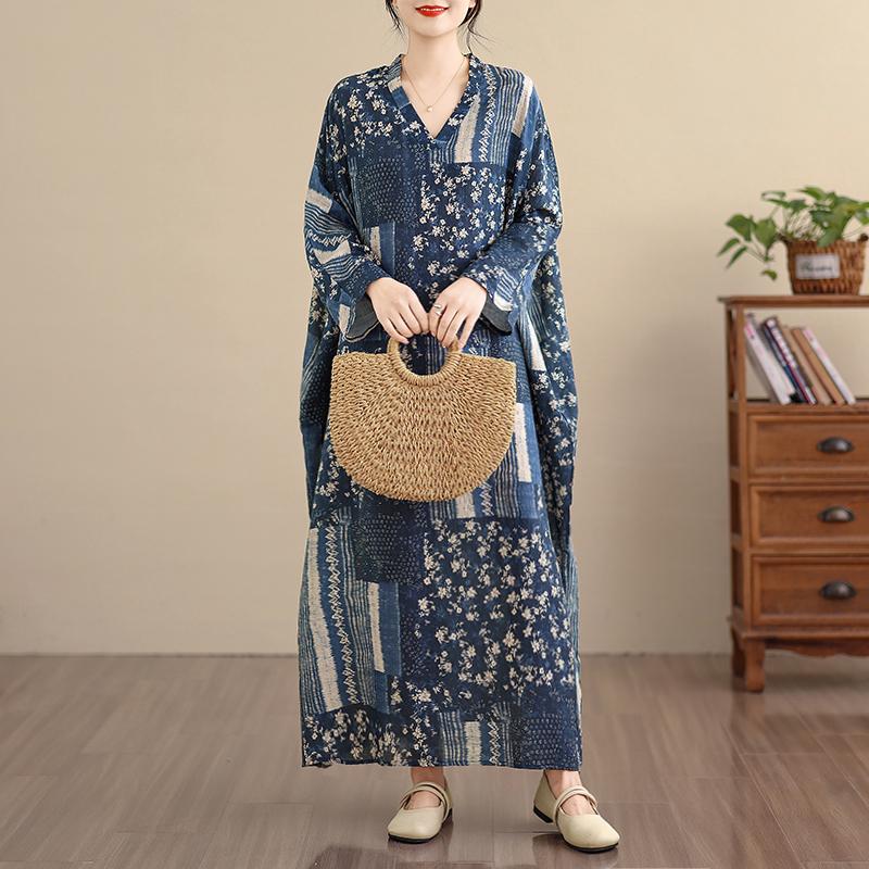 DIMANAF Spring Summer New 2026 Women Plus Size Long Dress Loose Basic Vintage Oversize Long Sleeve Maxi Floral