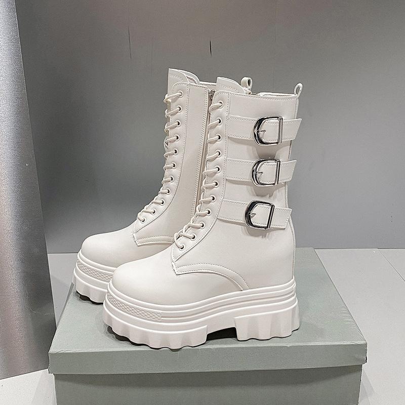 

Women Thick Sole Height Increase 12CM Short Boot Round Toe Side Zipper Lace Up Belt Buckle Mid-Calf Boots Black White Women Shoe 34 білий