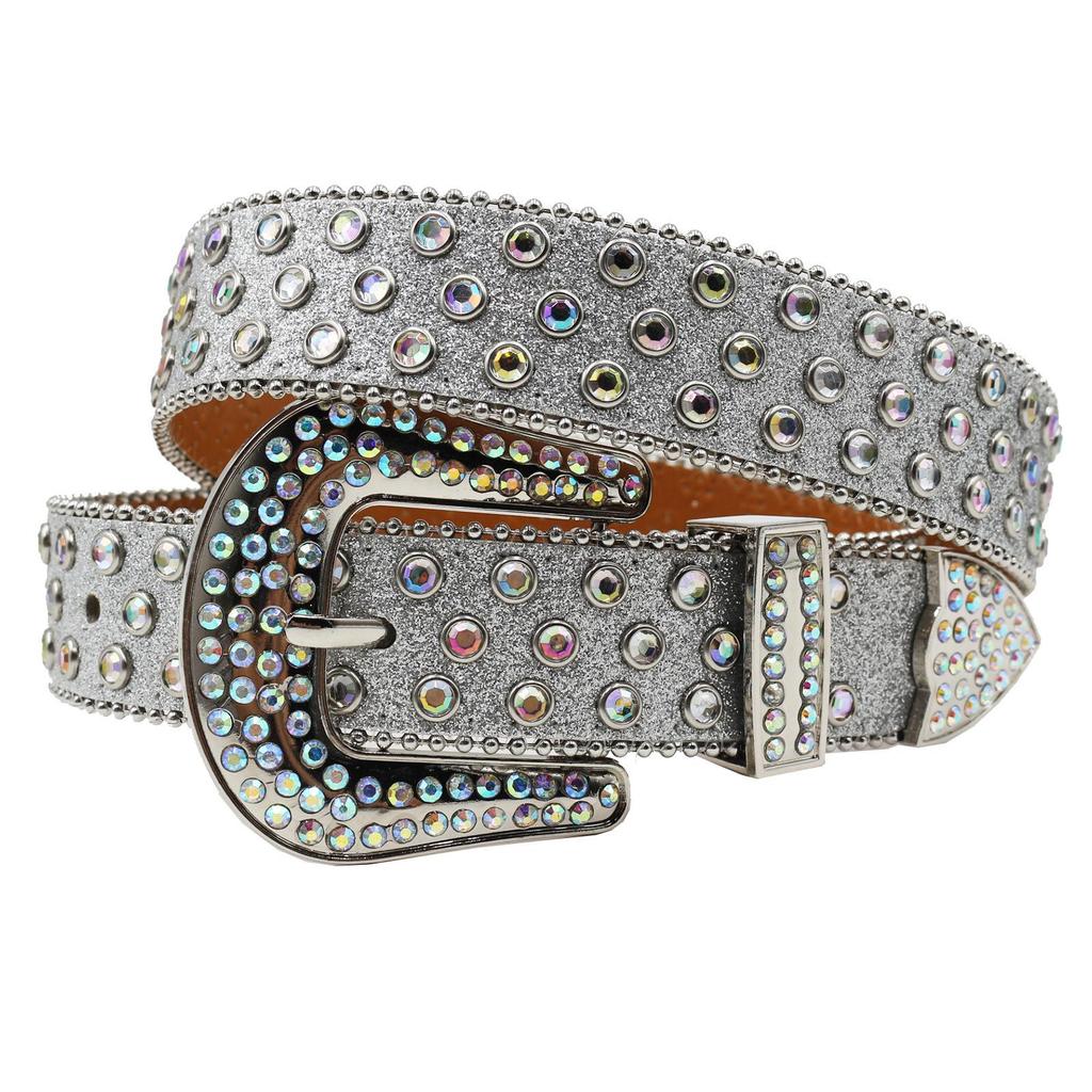 Y2K Punk Rhinestone Sequin Hip Hop Pin Buckle Leather Belt for Women
