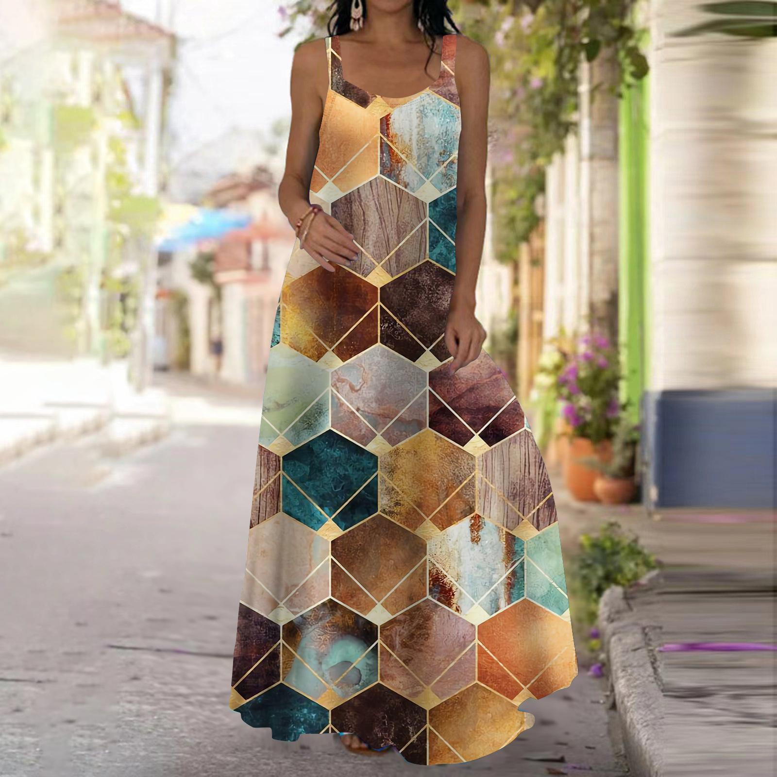 

Женское платье-комбинация Длинное платье макси Красочное платье с шестигранным принтом Весна и лето с v-образным вырезом Для отдыха и отпуска 8XL оранжевый