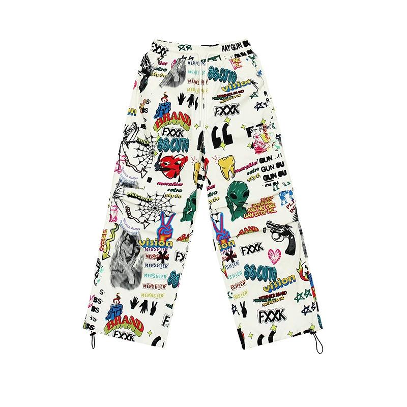 Women's Graffiti Print Pants Harajuku Drawstring Wide Leg Sweatpants Streetwear Trousers