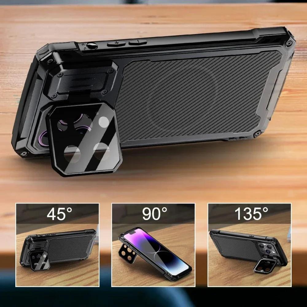 For iPhone 16 15 Plus 14 Pro Max Aluminum Metal Shockproof Magnetic Case Heavy Duty Armor Cover With Screen Protector Lens Stand