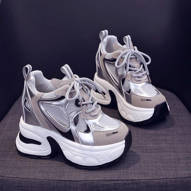 High Platform Casual Lace-up Sneakers for Women 10CM Designer Lightweight Breath Mesh Leather Thick Heel Sport Dad Shoes