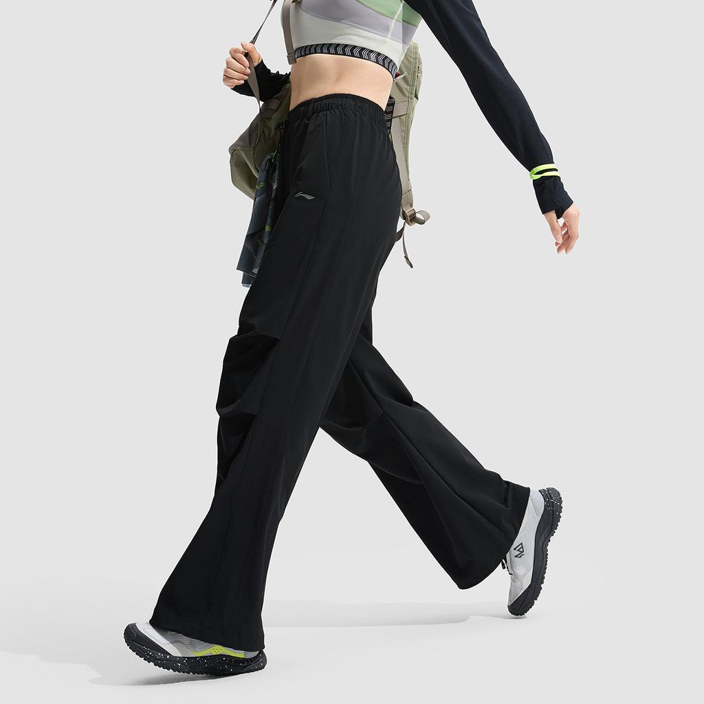 Li Ning Fitness Series Straight Loose Solid Color Mid Waist Knitted Sports Pants Women Bottoms Black AYKU730-1