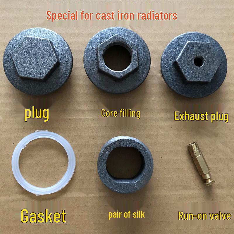 

Old-Fashioned Cast Iron Radiator Reverse Thread Repair Kit: Includes Nipple, Plug, Gasket, Rubber Ring, Air Vent Plug, and Reducer. DN40 Sealing Gasket - 2 pieces