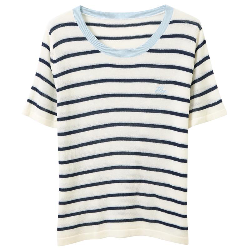 Lyocell Blend Striped Short Sleeve Knit Top S