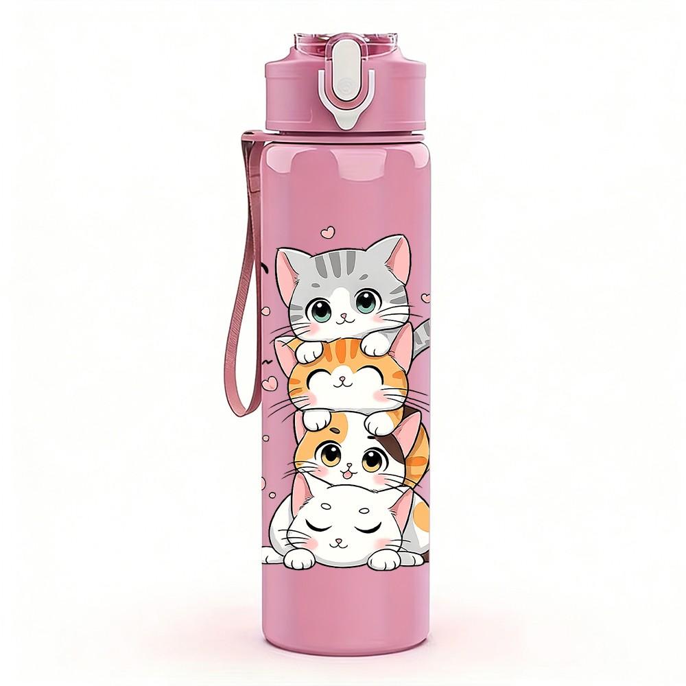 1PC Stacked Playful Kitten Cat Print 750ml Color Plastic Sports Water Bottle Leakproof Flip Straw Lid Suitable for Sports Office Home Use