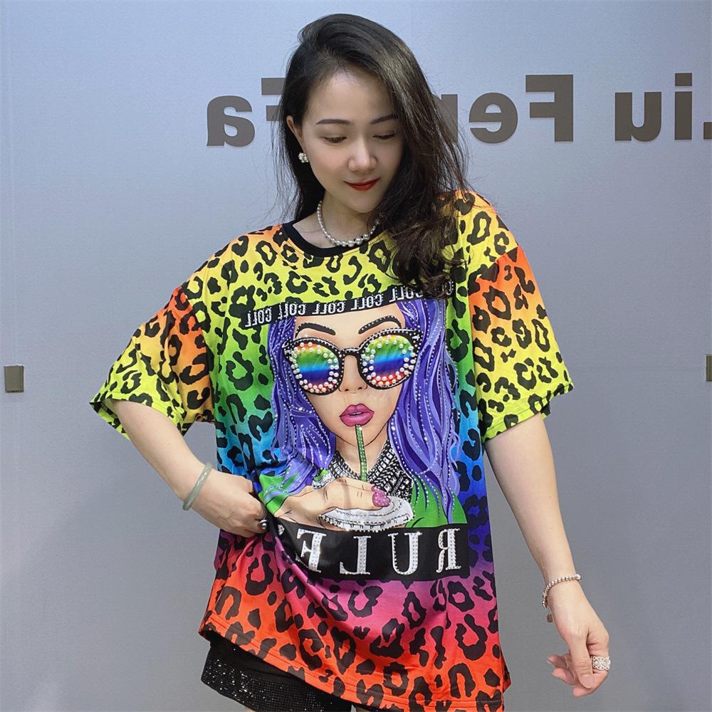 Fashion Leopard Print T Shirts Women Summer Clothes Casual Character Pattern Diamonds Beading Short Sleeve Tops