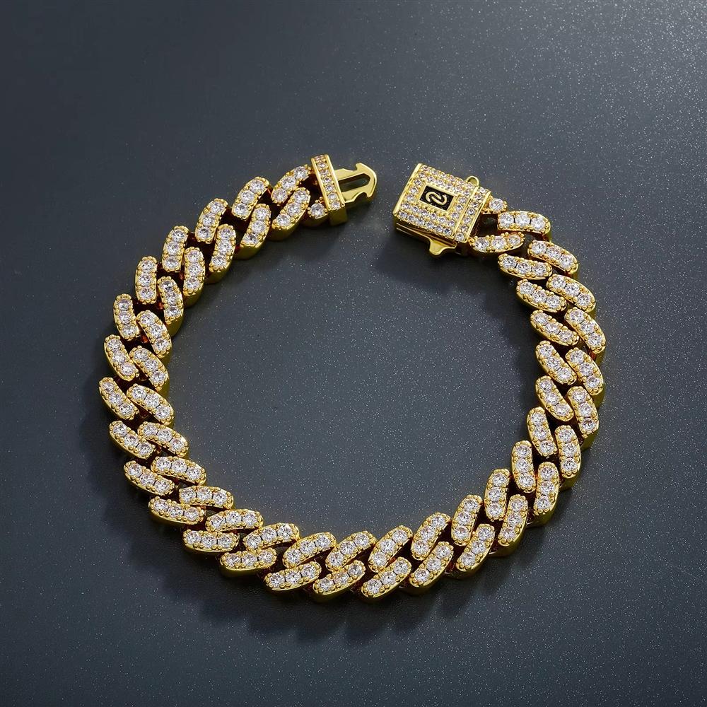 Fashion Hip Hop 14K Gold Plated Jewelry Single Row CZ Iced Out 9mm Cuban Link Monaco Bracelet for Women and Men