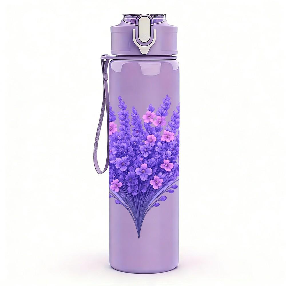 1PC Lavender Purple Flower 750ml Color Plastic Sports Water Bottle Leakproof Flip Straw Lid Suitable for Sports Office Home Use