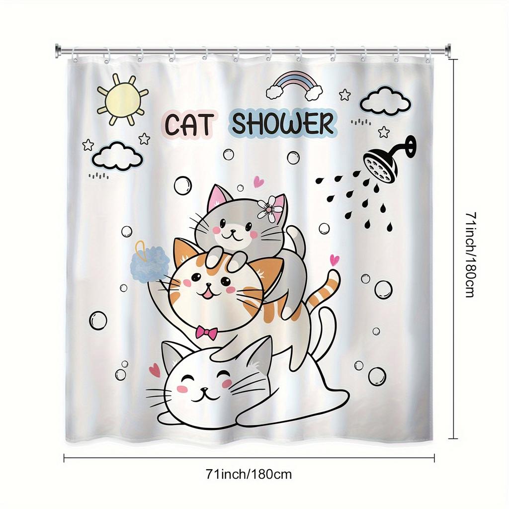 Cute Cartoon Cat Shower Curtain - Funny Kitten Design with Sun, Cloud & Rainbow, Waterproof Polyester, 12 Plastic Hooks