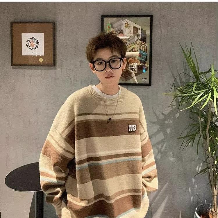 Pulover pentru bărbați cu dungi largi, cu decolteu, toamnă, supradimensionat, tricotat, iarna, tricotaje calde