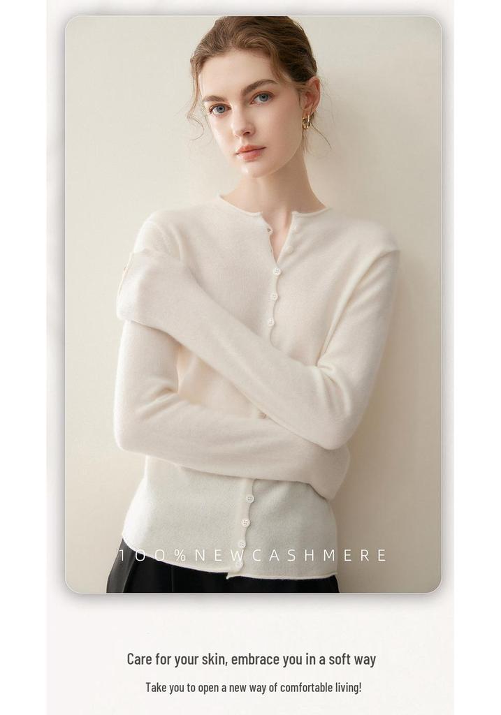 Women's 100% Cashmere Cardigan - Autumn/Winter Rolled Edge, Round Neck Buttoned Knit Sweater Coat