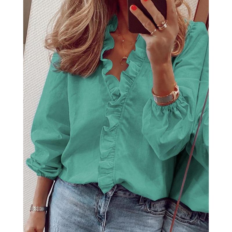 Women Long Sleeve Ruffled Collar Casual Blouse For Summer