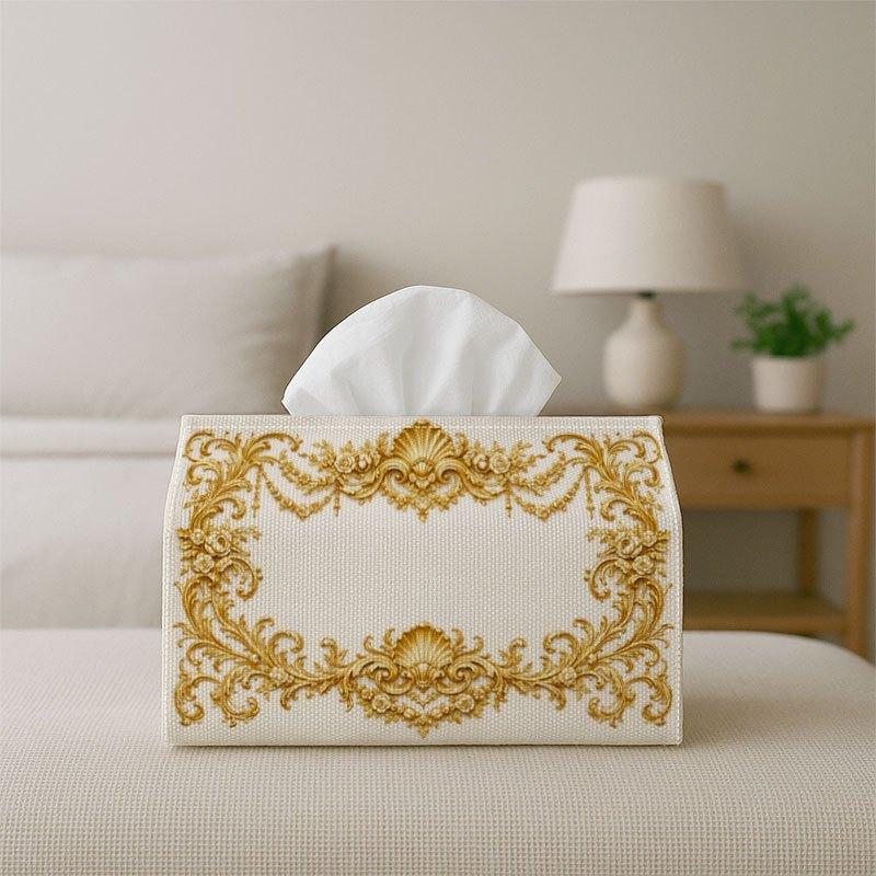 2D Flat 1pc Golden Baroque Classic Decorative Tissue Box - Ornamental Border Modern Design, Perfect for Holiday Tables, Family Dinners, And Bathroom D