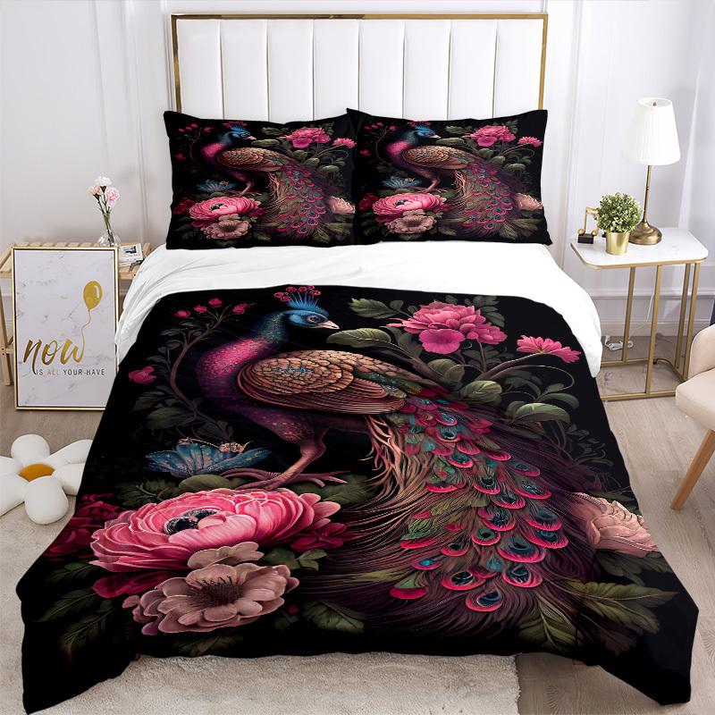 3PCs Peacock Floral Pattern Design Cover Set, Breathable Fabric(1 Duvet Cover + 2 Pillowcases) (Without Quilt) yy250911191