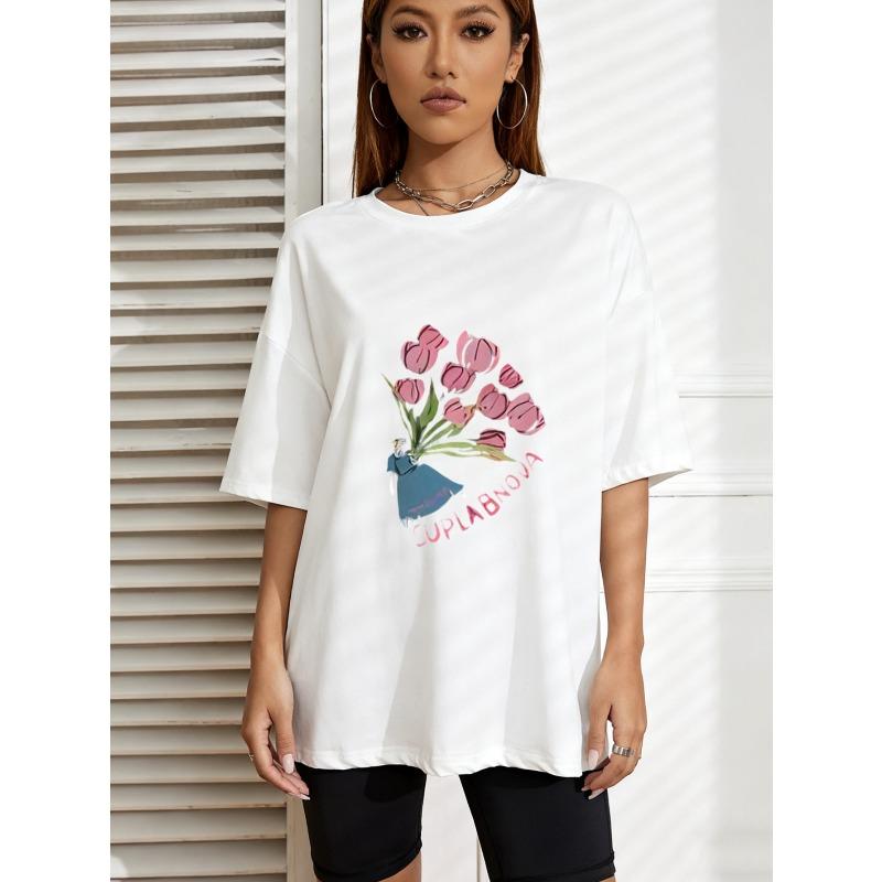 

White Oversized T Shirt With Pink Tulip Bouquet And Suplabnova Text Print For Casual Wear XXXXL білий