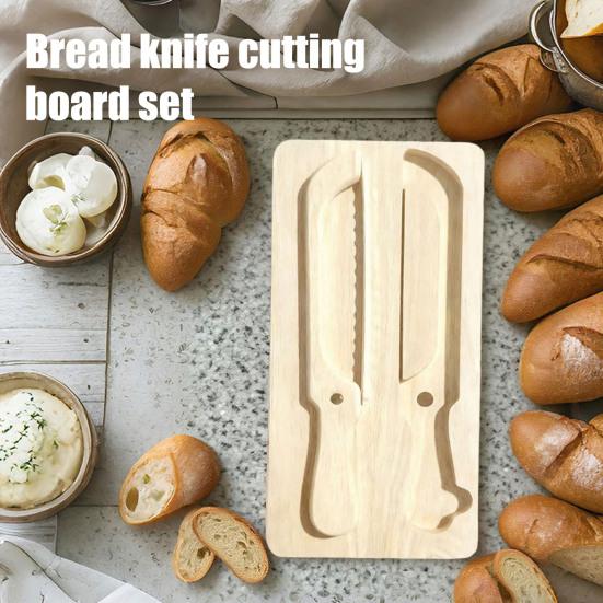 Brot Schneidebrett Set mit Verstellbarer Führung Holz Schneidebrett & Edelstahl Wellenschliffmesser für Baguette Laib und Sandwich, Alles-in-Einem Kit