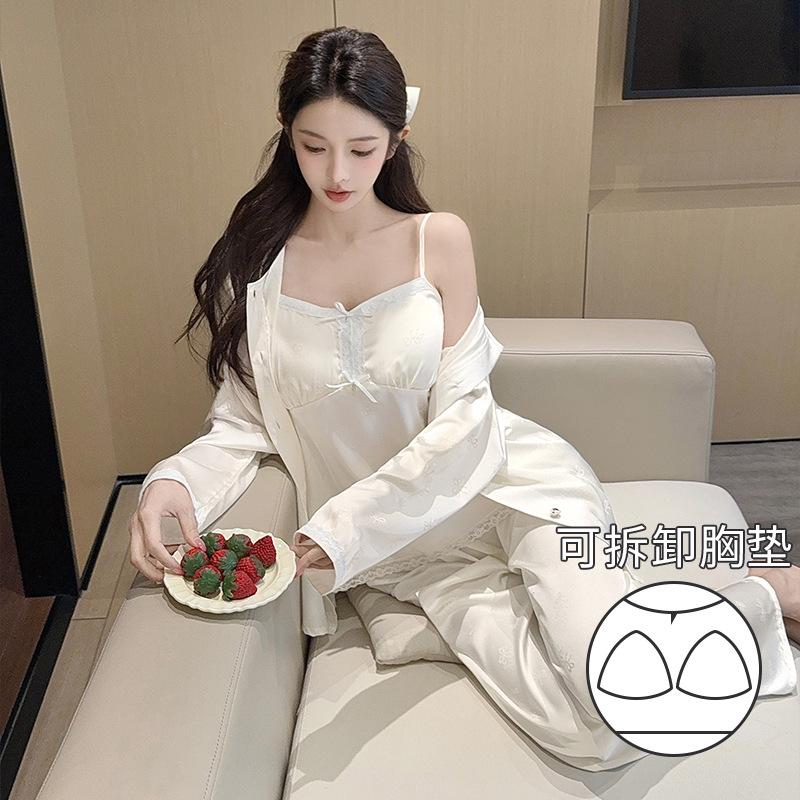 Vernis Spring and Summer Ice and Snow Silk Pajamas Female Sexy Suspenders Lace with Chest Pad Three-piece Set Imitation Silk Loungewear