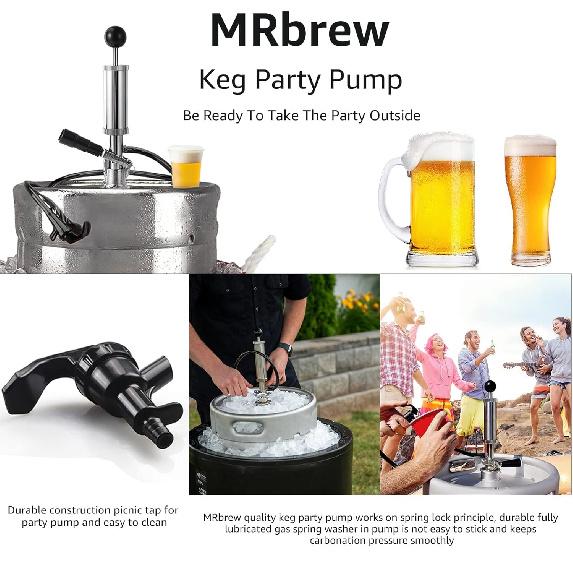 Keg Party Pump, American D-System Beer Keg Tap Keg Hand Pump 8'' Picnic Pump with Beer Faucet & Beer Hose, Chrome-Plated Keg Draft Beer Party Pump