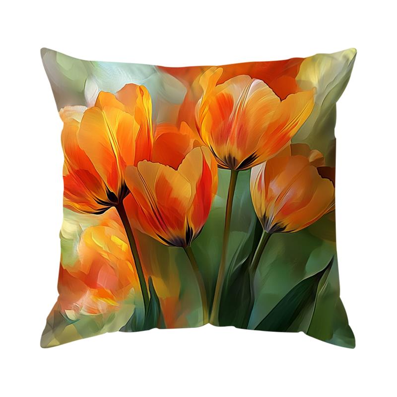 1 Pc Elegant Tulip Flower Polyester Throw Pillow Cover Sofa Couch Art Painting For Living Room Cushion Cover Modern Home Decor