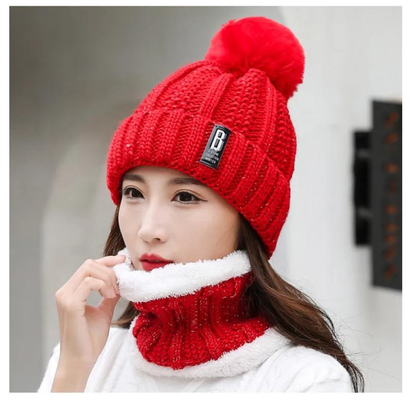 Winter Hat Womens Beanie Hats Thick Warm  Winter Women Knitted Hat B Letter Bonnet Beanie Cap Cycling Hat Scarf 2pc Sets
