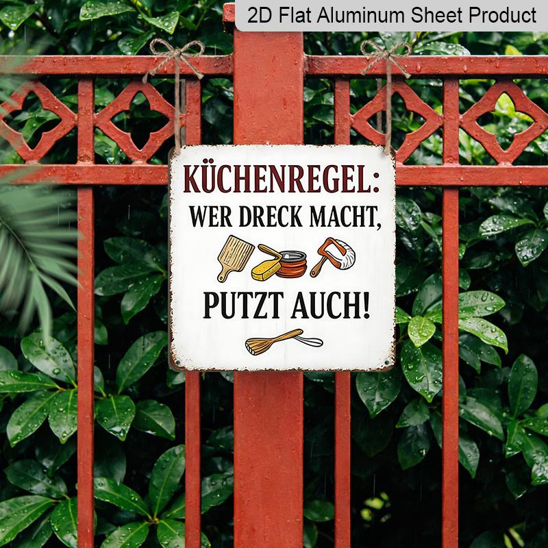 2D Flat, 1pc German Kitchen Rules Metal Sign - Vintage German Text & English Translation Wall Plaque with Utensil Icons, Chef Gift for Home