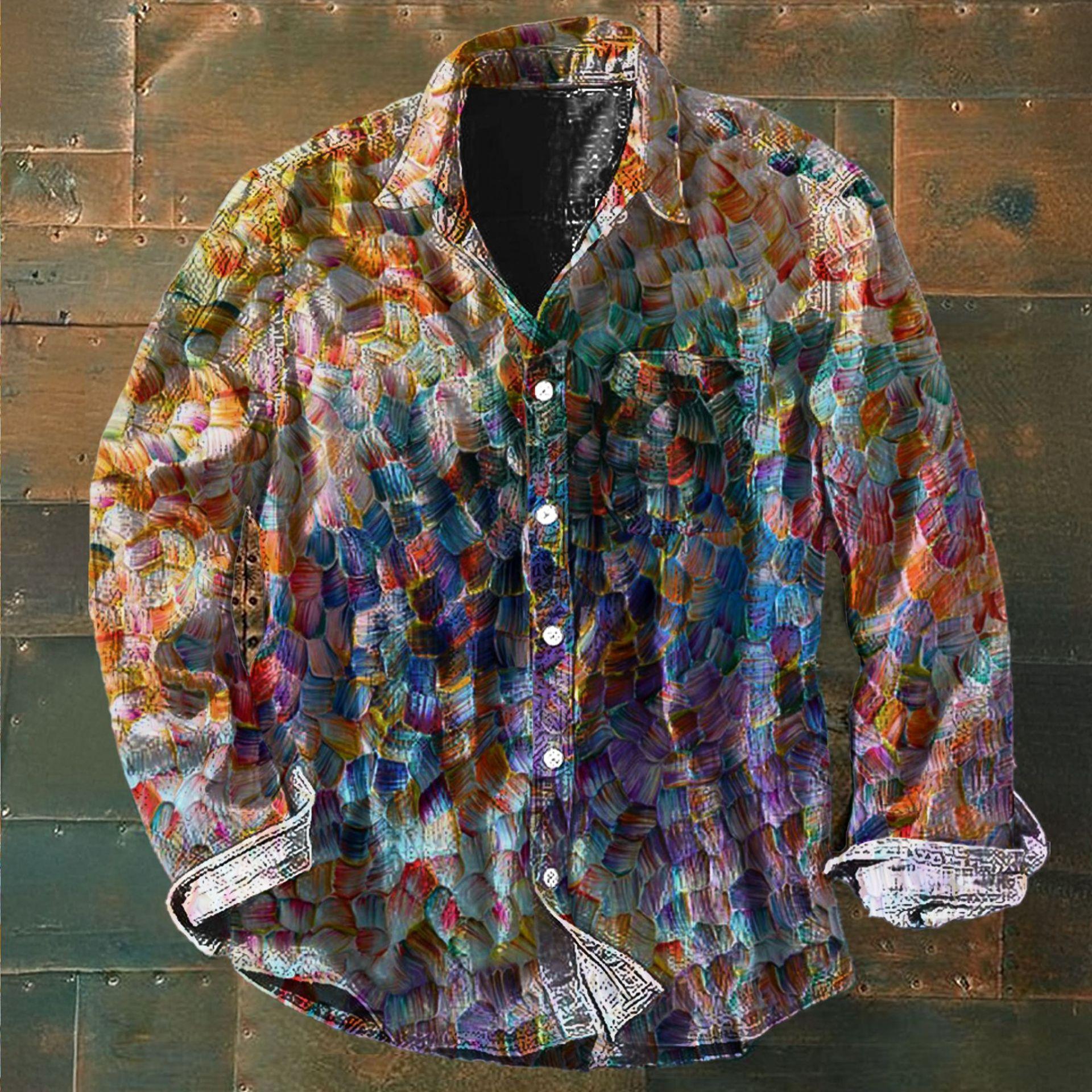 

Мужская праздничная рубашка в винтажном стиле: рубашка с длинным рукавом на пуговицах с принтом в стиле колор-блок S