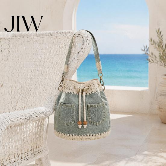 Stylish Commuter Handbag for Travel Denim Crochet Bucket Bag, Crossbody Bag with Daisy Embroidery, Boho Purse Drawstring Shoulder Women