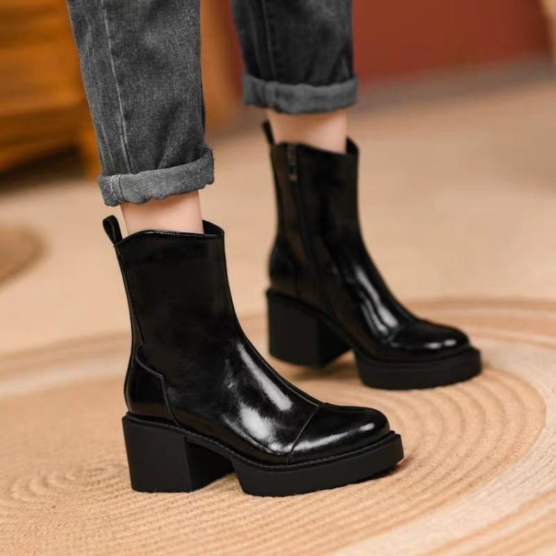 New Women'S British Retro Ankle Boots - Side Zipper Chunky Heel Platform Sole Daily Commuter Boots Autumn Winter  Shoes