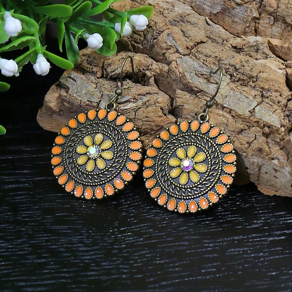 Vintage Bohemian Round Drop Earrings for Women Ethnic Simple Drop Oil Flower Shaped Temperament Earrings Female Jewelry