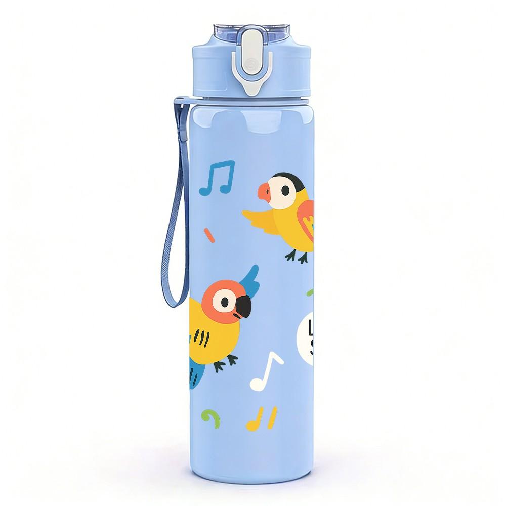 1PC Colorful Bird Repeat Pattern 750ml Color Plastic Sports Water Bottle Leakproof Flip Straw Lid Suitable for Sports Office Home Use