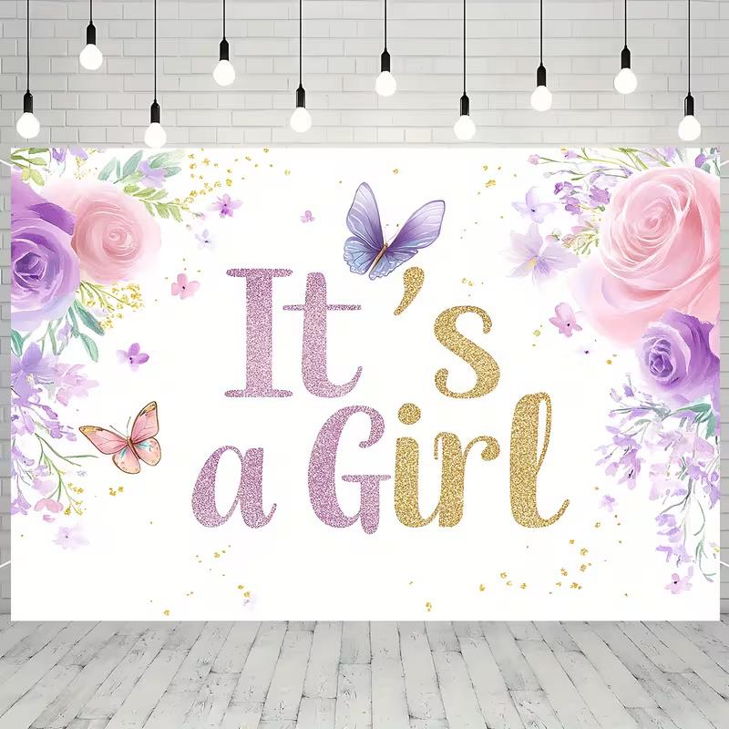 

2D It s a Girl Baby Shower Backdrop with Pink Purple Roses & Butterflies 47.2x31.5inch/120*80cm