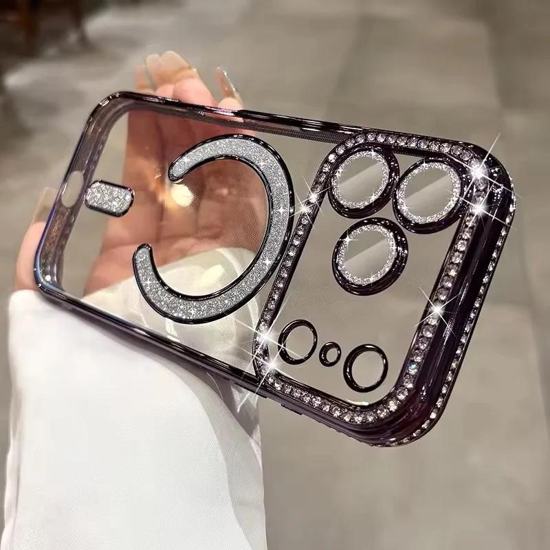 Diamond Glitter Plating Claer Phone Case For 17 Pro Max Air 14 15 Plus 11 12 13 16 Pro For Magsafe Magnetic Protect Cover