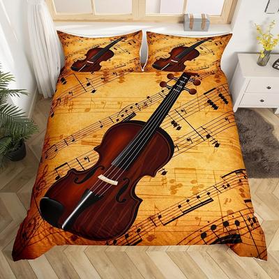 Violine Thema Bettbezug Set Queen Größe Musiknoten Bettwäsche Set 3-teilig Für Frauen Männer Weihnachten Schlafzimmer Deko Violine Musikliebhaber Komfort