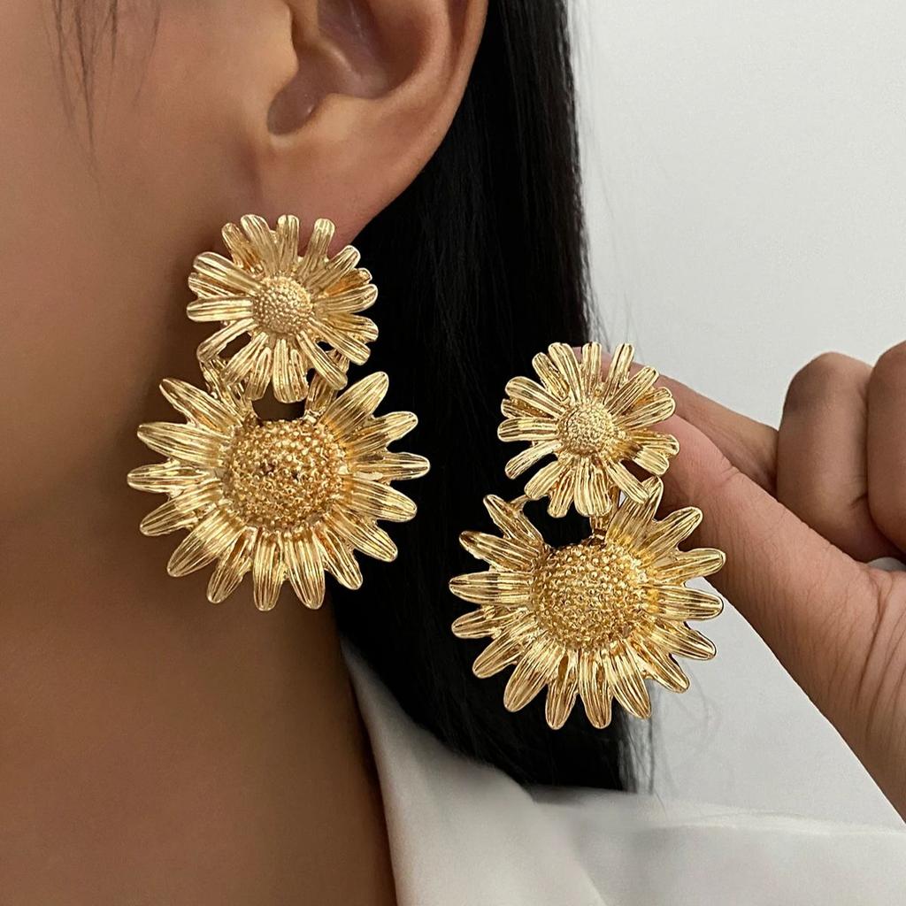 PuRui Vintage Sunflower Alloy Earrings Drop for Women Exaggerate Daily Party Banquet Earrings Y2K Zircon Accessories 2025 New