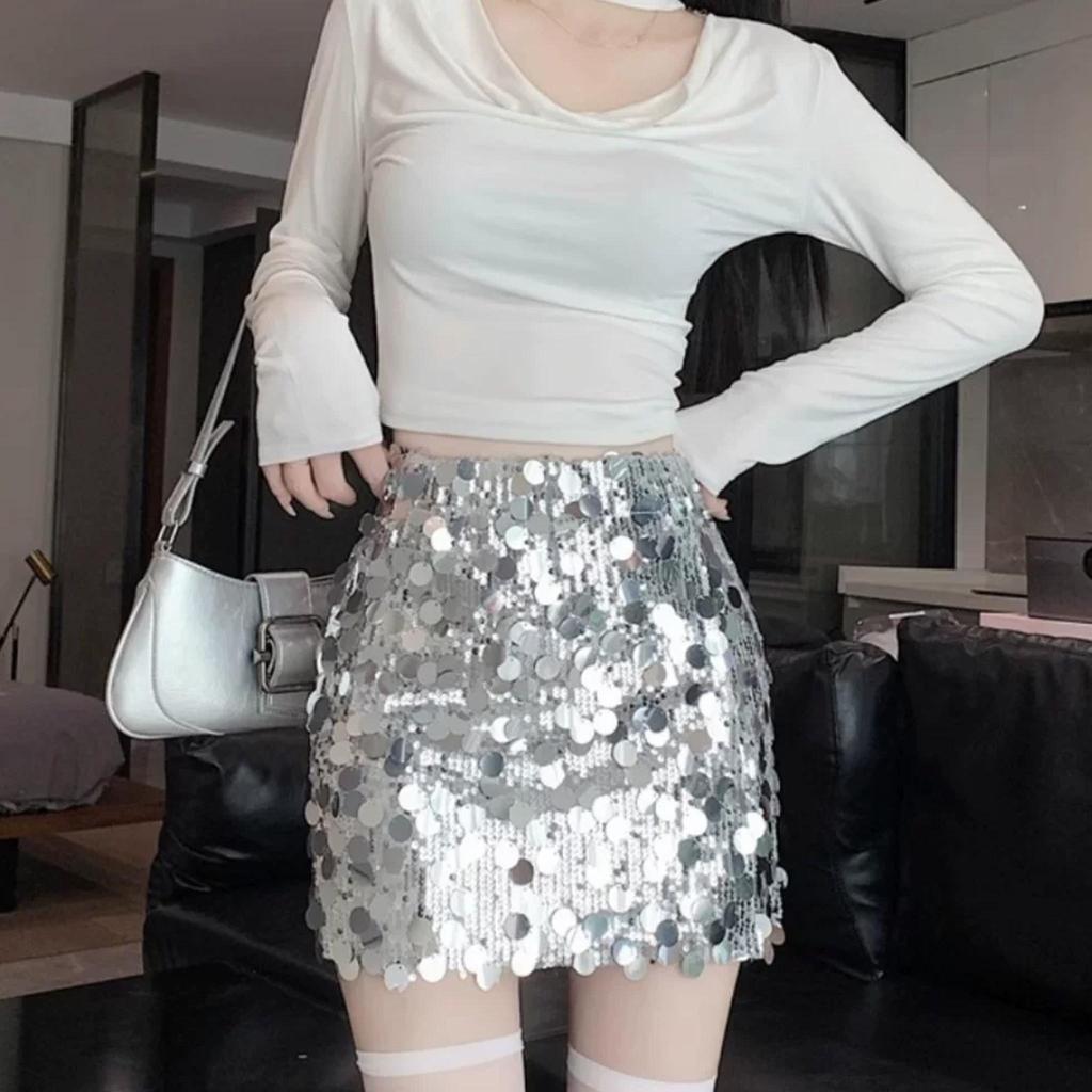 Moda Donna Minigonna Lurex Monocolore con Zip Laterale Vita Alta Vintage Gonna Chic da Donna