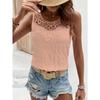 Womens Lace Neckline Smocked Crop Top With Floral Crochet Detail Casual Solid Color Sleeveless Blouse