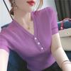 Ice Silk V-Neck Short Sleeve T-Shirt Simple Versatile Slim Fit Thin Button Splicing Knit Sweater Top Thin Section