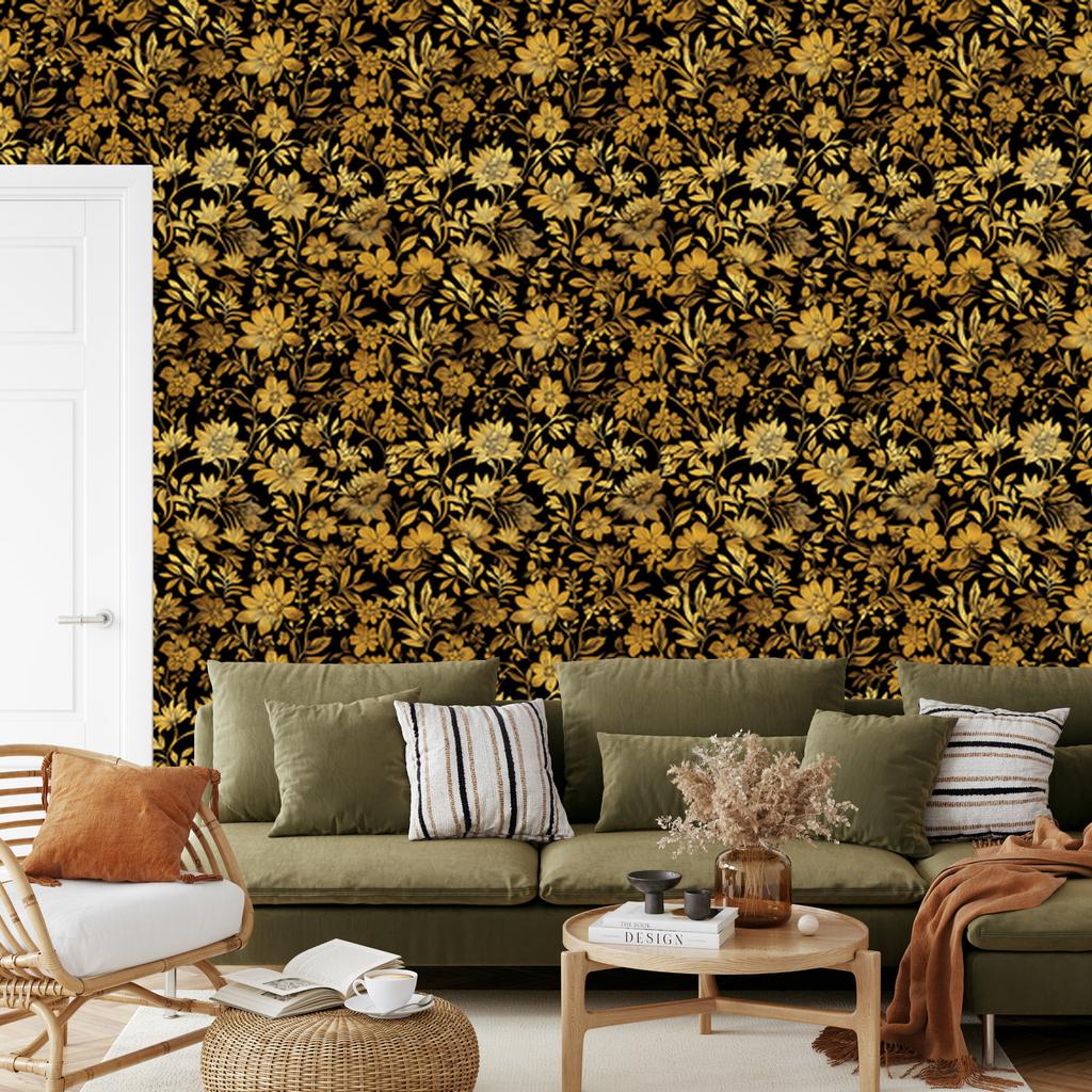 Golden Hibiscus Ochre Wallpaper, Subtle Detail for Living Room and Bedroom 50x1000