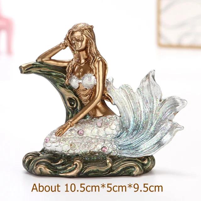 Resin Mermaid Figure Rhinestone Sea Maiden Girl Miniature Fairy Tale Character Ornament Room Decor Handcraft Gift for Girlfriend