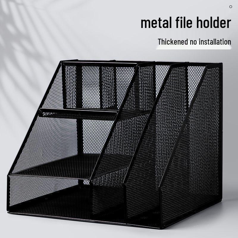 Wrought Iron Metal File & Pen Holder: Office File Rack & Bookshelf Organizer